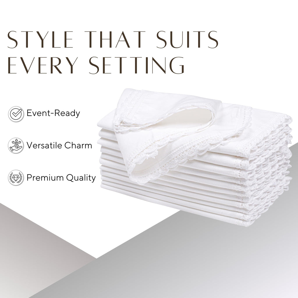 Ramanta Home White Coth Dinner Napkin Set of 12 Premium Cotton 20X20 Inch Oversized Linen Flax Lace Soft & Durable Washable Ideal for Everyday Use Parties Thanksgiving Christmas Halloween