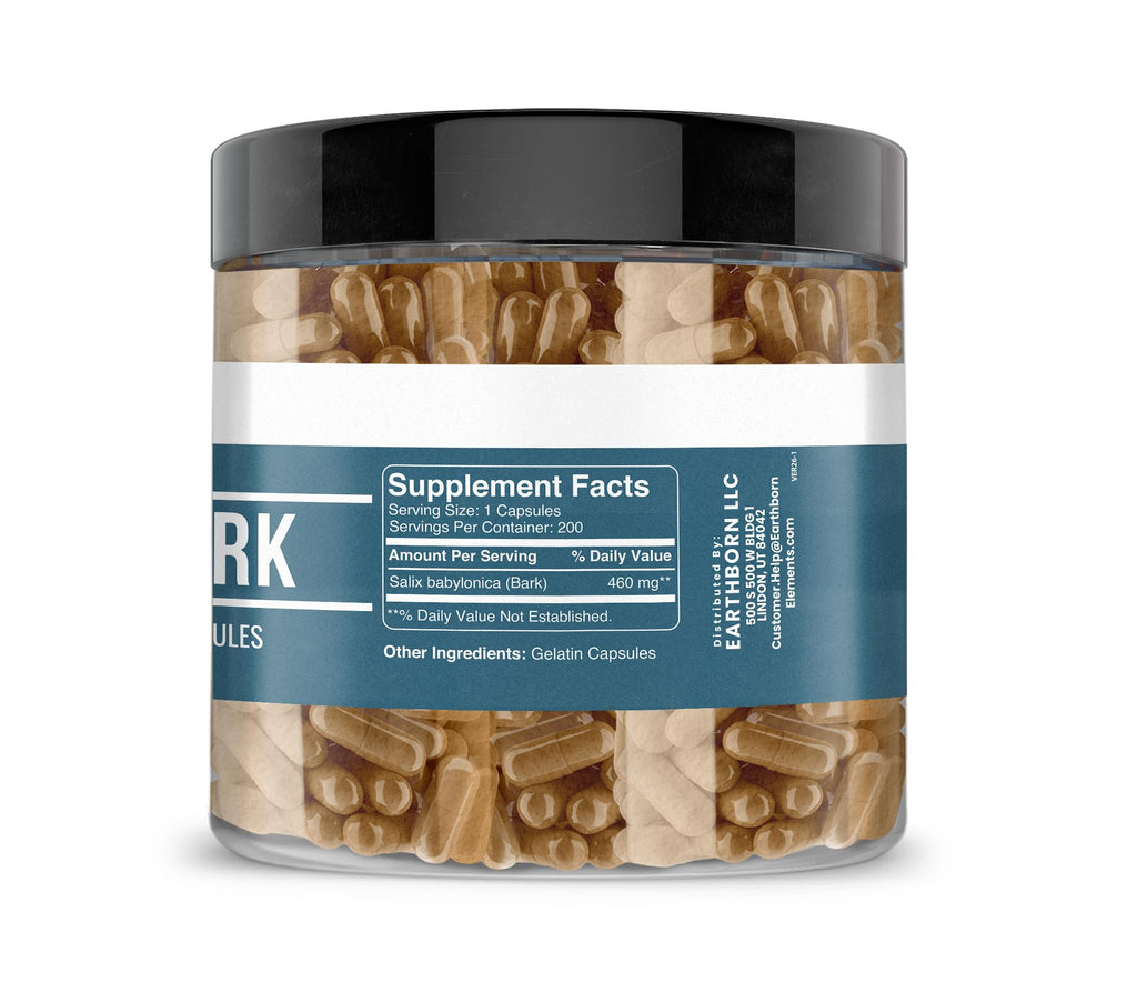 Earthborn Elements Willow Bark Extract (200 Capsules) Pure & Undiluted, No Additives