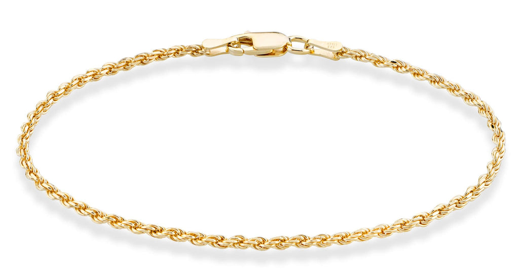 Miabella 18K Gold Plated 925 Sterling Silver Italian 2mm, 3mm Diamond-Cut Braided Rope Chain Anklet Ankle Bracelet for Women, 925 Made in Italy (width 2mm, Length 10 Inches)