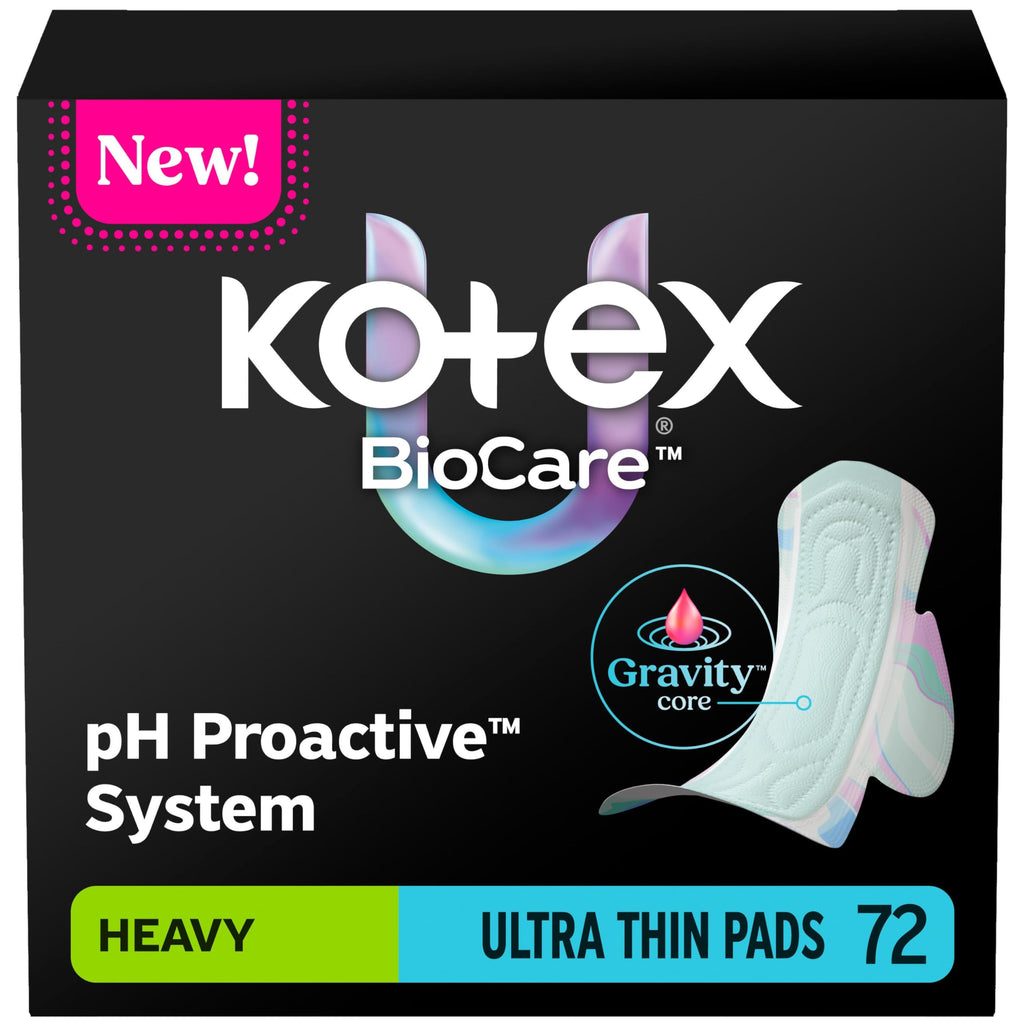Kotex BioCare Ultra Thin Pads with Wings, Heavy Absorbency, 72 Count (3 Packs of 24)(Packaging May Vary)