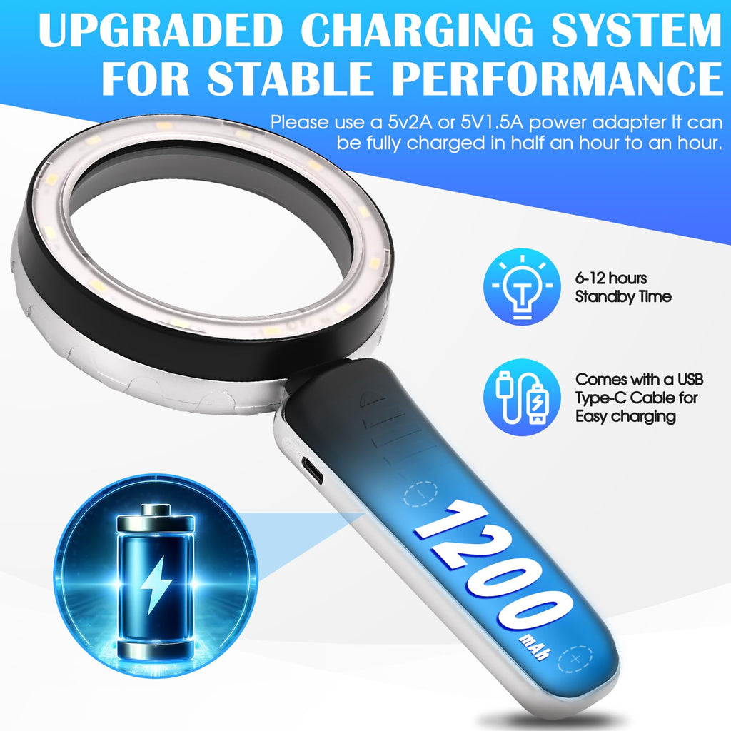 Magnus Opus 45X Magnifying Glass with Light, 4.6-Inch 1200mAh USB Rechargeable, 6 Color Modes for Low Vision Seniors, Reading, Jewelry & Coin Appraisal - Black Silver