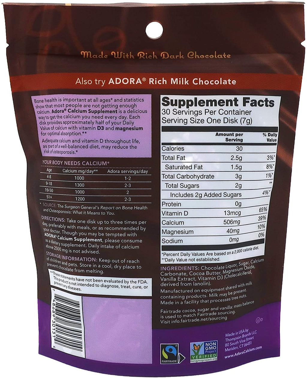 Adora Calcium Supplement, Fairtrade Dark Chocolate, Pack of 12 - 30 ct