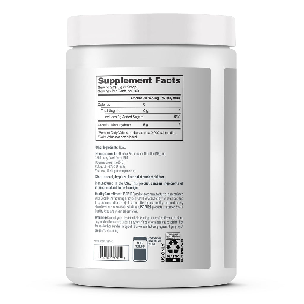 Isopure 100% Pure Creatine Monohydrate Powder, Sugar Free, Unflavored, 5g Creatine Monohydrate Per Serving, 1.1 Lbs, 100 Servings (Packaging May Vary)