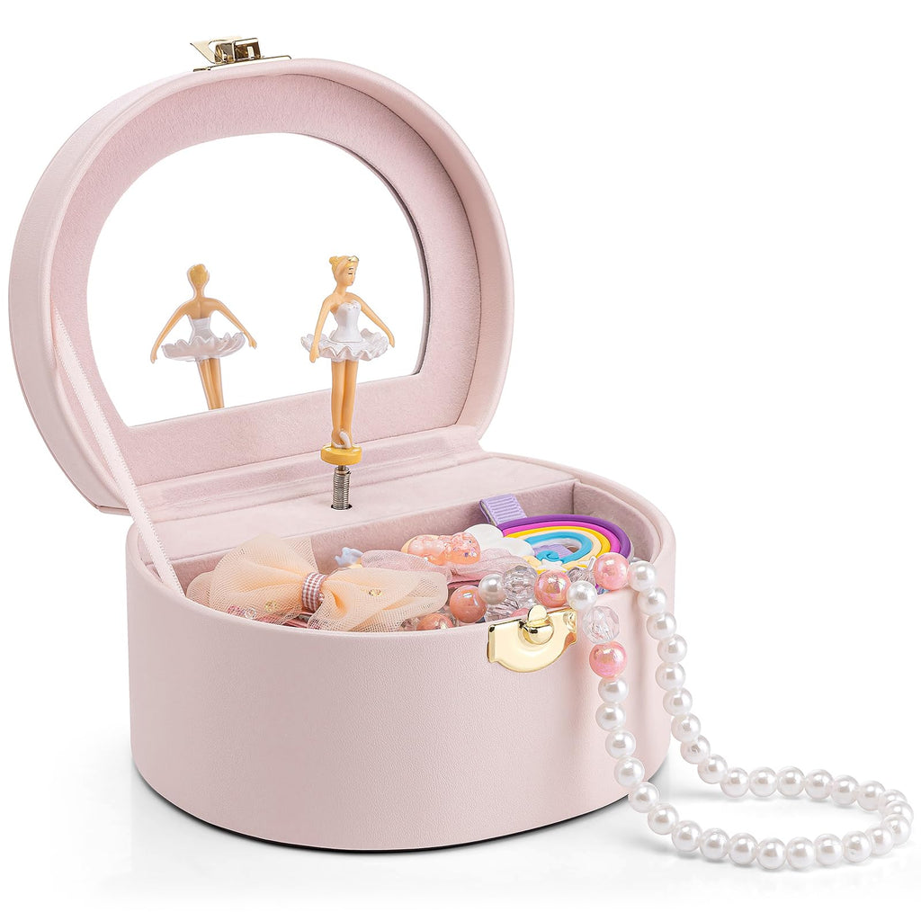 VLANDO Musical Jewelry Box for Girls, Arc Design with Spinning Ballerina Large Compartment for Small Treasures, Plays Canon Melody, Built-In Mirror and Soft Carry Handle, Birthday Christmas Gift