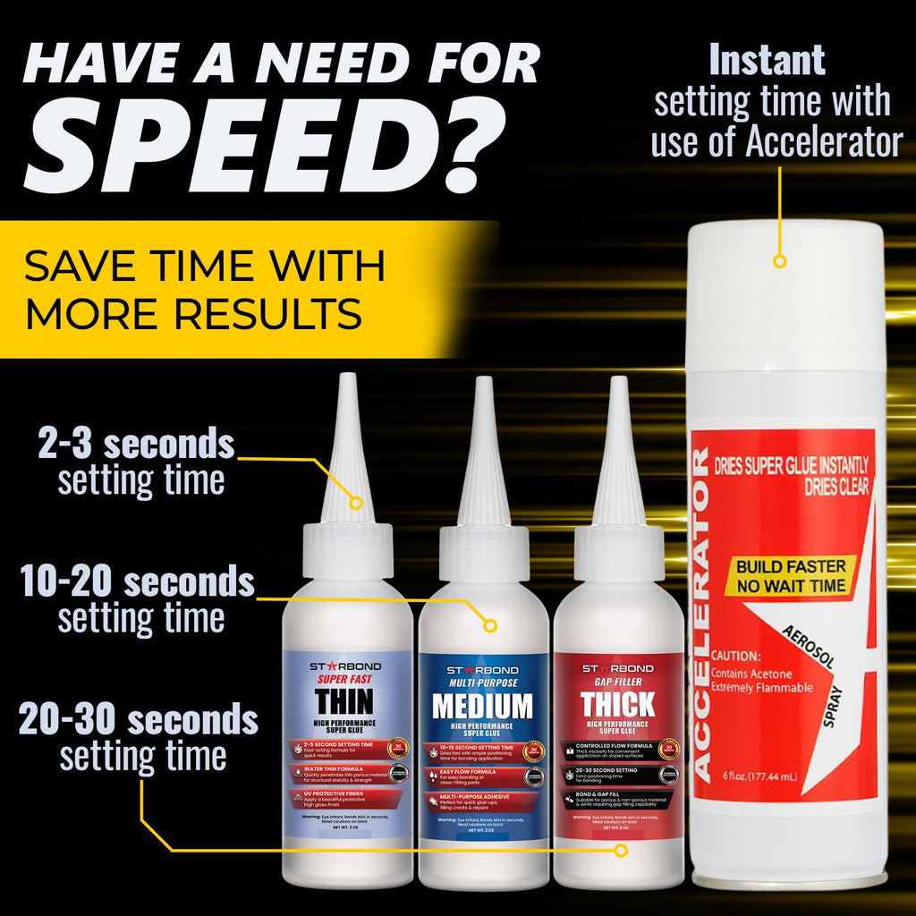 STARBOND CA Glue with Activator Kit – Thin, Medium & Thick 2 oz Bottles with 6 oz Accelerator – Premium Cyanoacrylate Super Glue Bundle for Woodworking, Woodturning, Hobby Models Crafts & 3D Printing