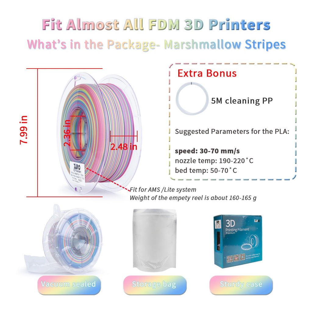ZIRO Dynamic Color Change PLA, for 3D Printing, 1KG, Marshmallow Stripes