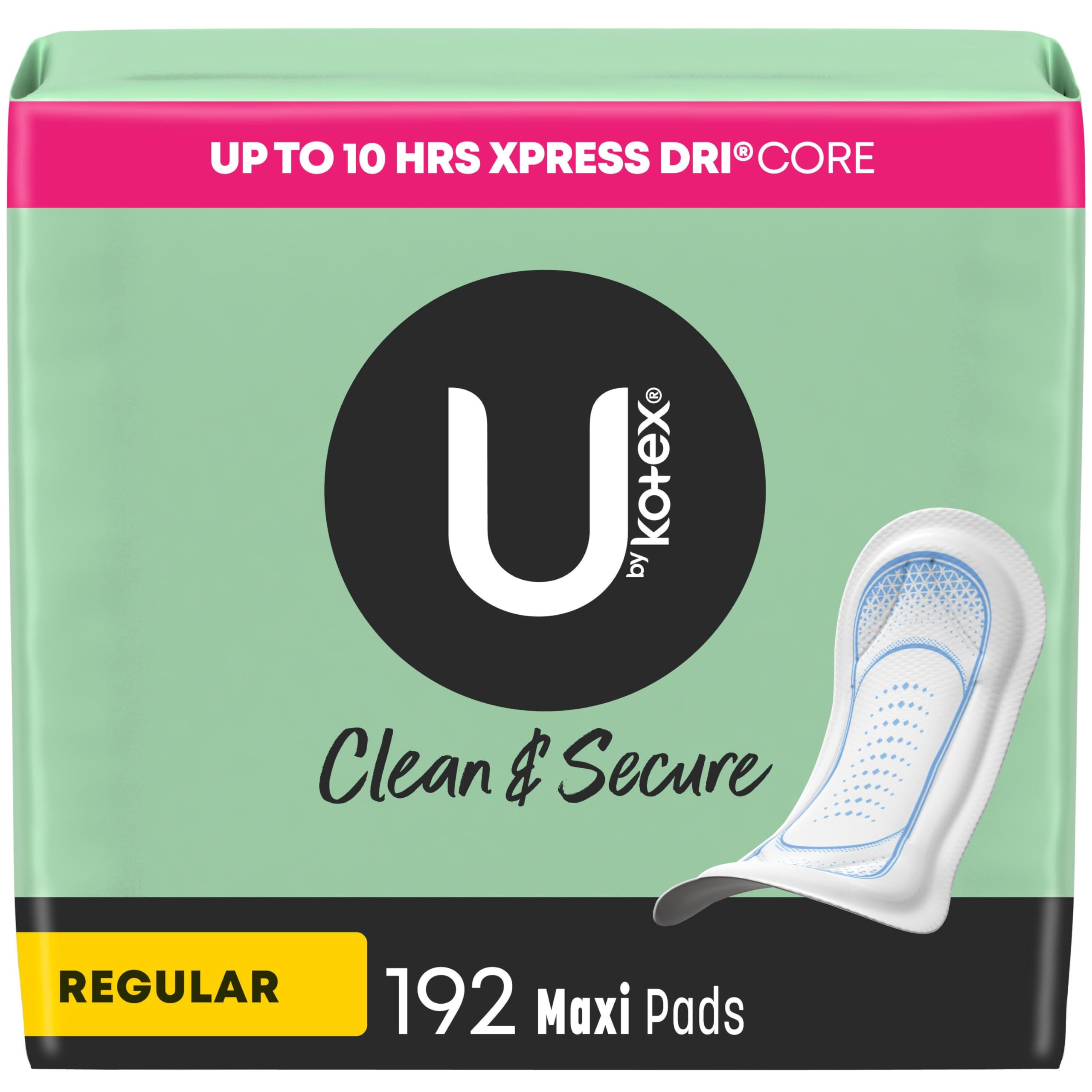 U by Kotex Clean & Secure Maxi Pads, Regular Absorbency, 192 Count (4 Packs of 48) (Packaging May Vary)