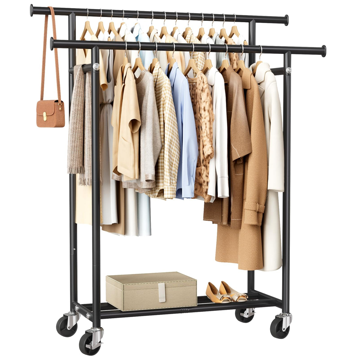 HYSEYY Clothes Rack, Double Rods Rolling Clothing Rack for Hanging Clothes, Portable Garment Rack with Wheels, Coat Rack Wardrobe Closet Load 240 LBS for Bedroom Laundry Room (Black, L)