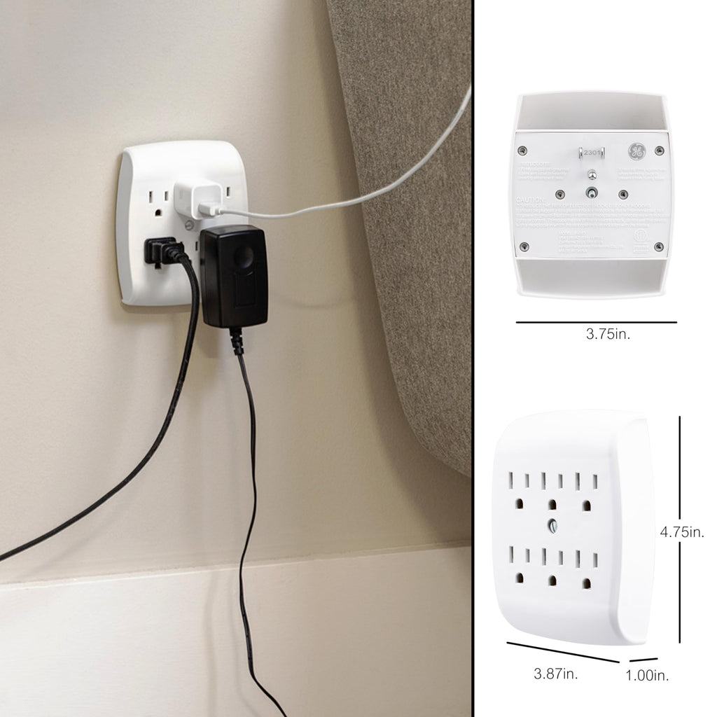 GE 6-Outlet Extender Wall Tap, 5 Pack, Grounded Adapter, Outlet Splitter, Charging Station, 3-Prong, Plug Adapter, Secure Install, Cruise Essentials, ETL Listed, White, 54853