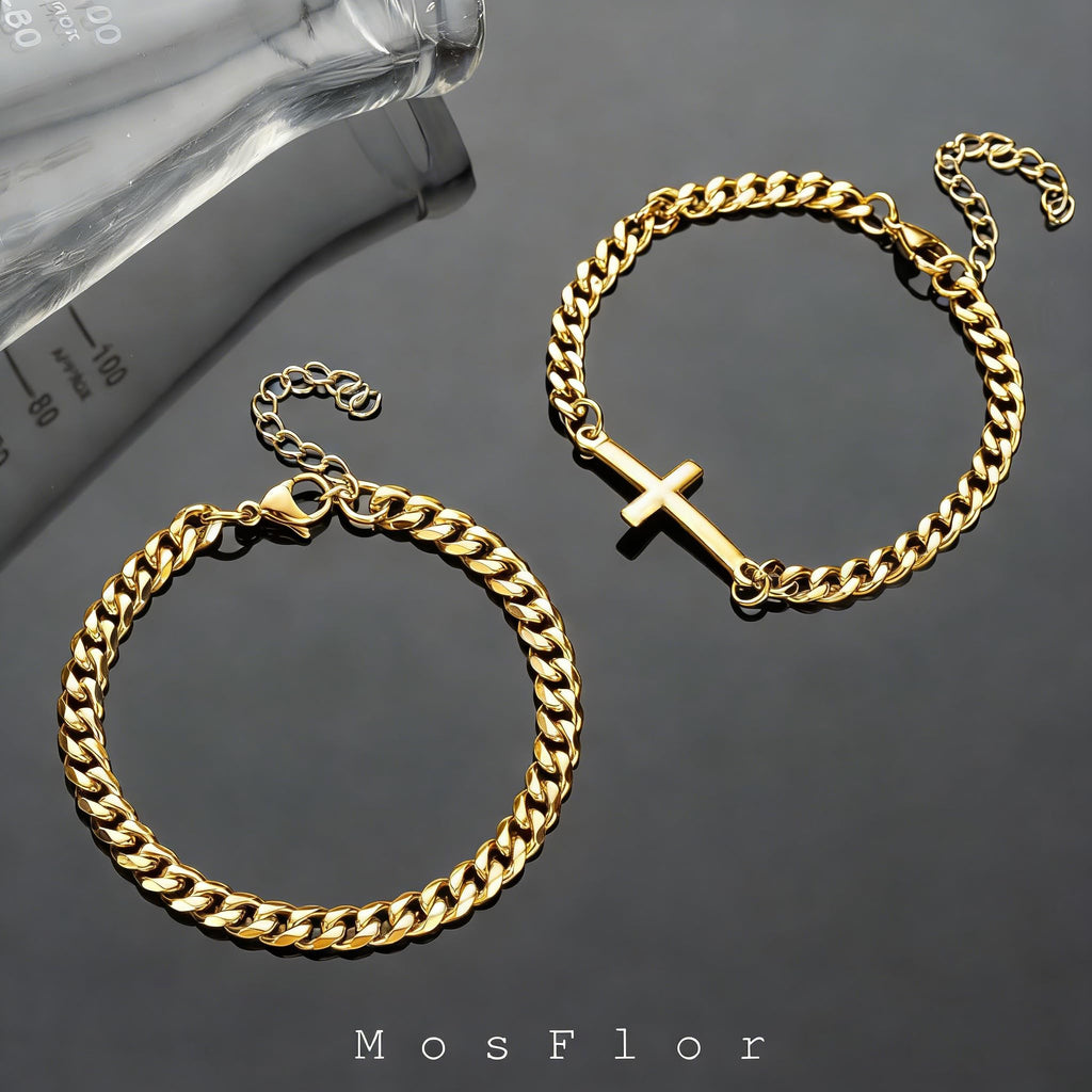 MosFlor Gold Cross Bracelets for Men, Mens Gold Bracelet Set Stainless Steel Cuban Link Chain Bracelets Stack Gold Jewelry Men's Accessories Gifts for Men Dad Him Husband Son Boyfriend