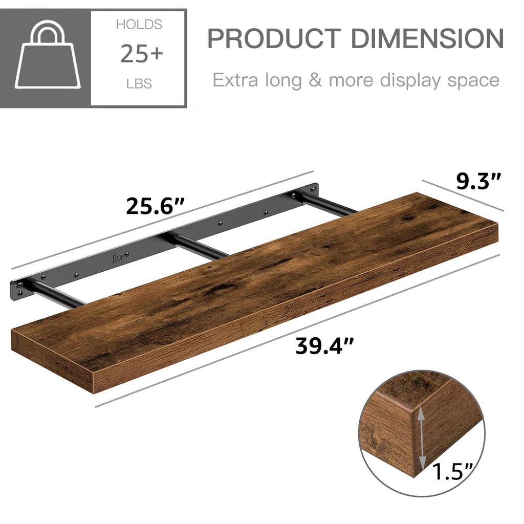 QEEIG Floating Shelves for Wall 39.4" Long - Wall Mounted Shelf Bathroom Kitchen Living Room Bedroom Farmhouse Home Decor Display Bookshelf Large 39.4 x 9.3 inch Set of 2, Rustic Brown (008-100BN)