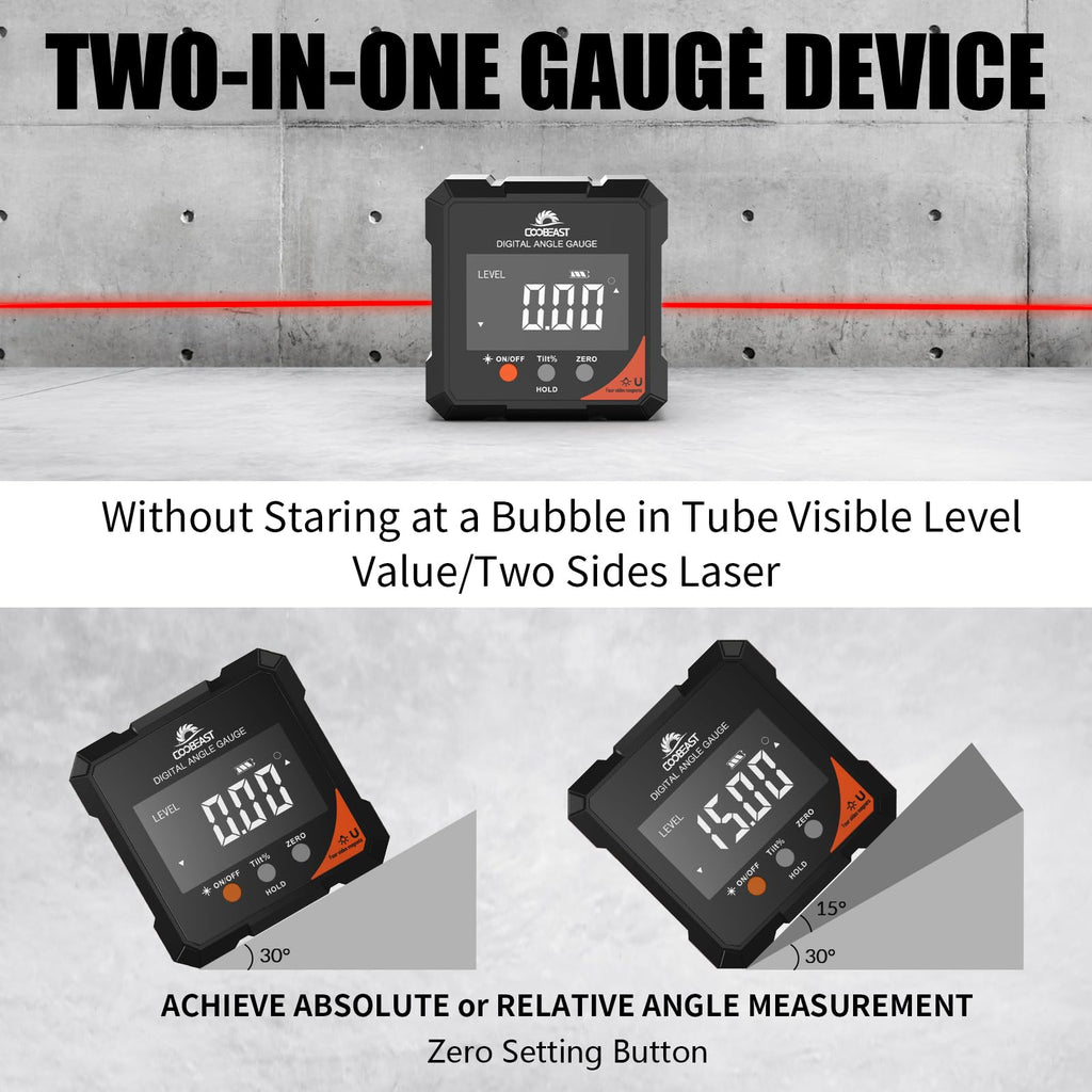 Digital Angle Finder with Laser, 4-Side Magnetic Digital Angle Gauge, Rechargeable Mini Digital Laser Level Measuring Tool Cube Inclinometer with Backlight for Woodworking Tablesaw Gift for Men Black