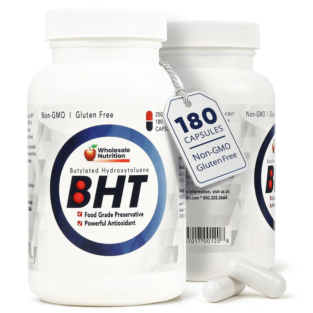 Wholesale Nutrition BHT - 250mg Potent Antioxidant - Non-GMO, Gluten-Free - Enhance Oil/Fat Preservation - Pure Butylated Hydroxytoluene for Foods/Oils - 180 Capsules