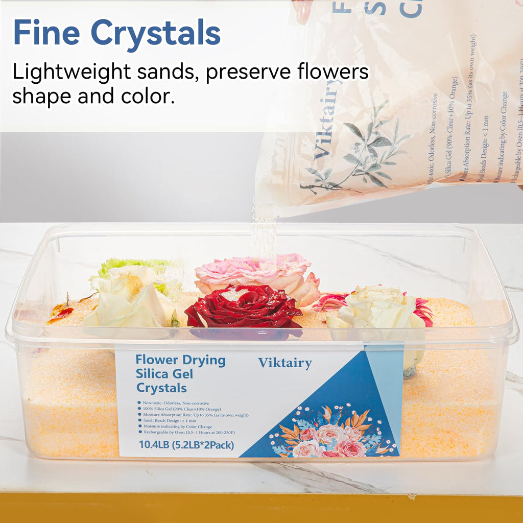 10.4 LBS Silica Gel Flower Drying Crystals, Reusable Color Indicating Flower Drying Silica with Airtight Container and Brush, DIY Wedding Bouquet Flower Preservation Kit, Fine Bead Size<1mm