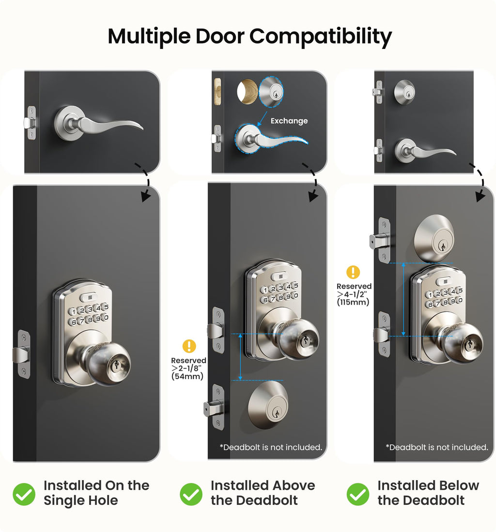 Veise KS03 Keypad Door Knob Lock, Keyless Entry Digital Lock with Handle, Electronic Smart Knob for Front Door & Bedroom, Easy Install, Auto Lock, Passage Mode, Anti-Peeping Password, Satin Nickel