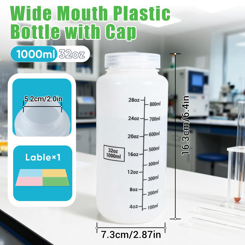 DEMORA Plastic Bottles with Airtight Caps 32oz/1000ml, Food Grade Wide Mouth Liquid Containers, Reusable HDPE Graduated Plastic Bottles for Water Sample Lab Reagent Liquids Mixing (Translucent, 2 Pcs)
