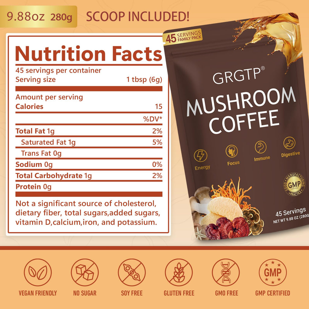 GRGTP Mushroom Coffee - Superfood Blend with 6 Adaptogens Jitter-Free Energy, Enhanced Focus, Digestion & Immunity Support | 90 Servings, Vegan, Gluten Free, Non-GMO | Smooth Flavor