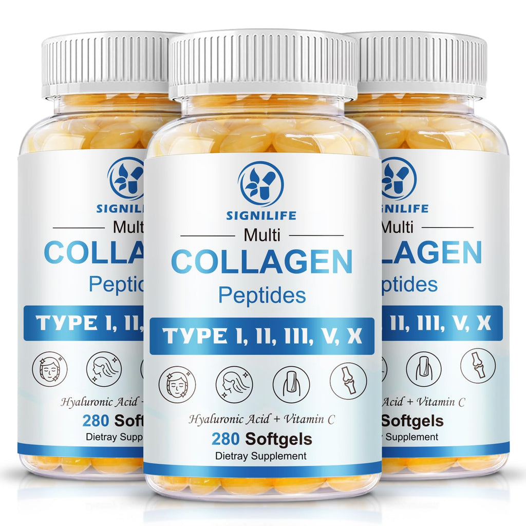 SIGNILIFE Multi Collagen Peptides for Women & Men, Hydrolyzed Collagen Peptides-Type I, II, III, V, X - with Hyaluronic Acid,Vitamin C,Biotin,Supports Skin Hair Nail, Non-GMO,840 Softgels