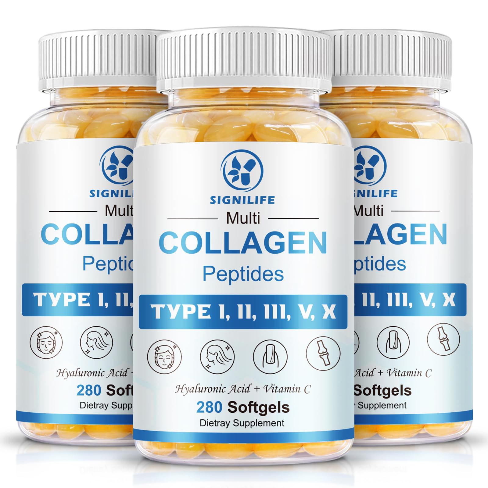 SIGNILIFE Multi Collagen Peptides for Women & Men, Hydrolyzed Collagen Peptides-Type I, II, III, V, X - with Hyaluronic Acid,Vitamin C,Biotin,Supports Skin Hair Nail, Non-GMO,840 Softgels