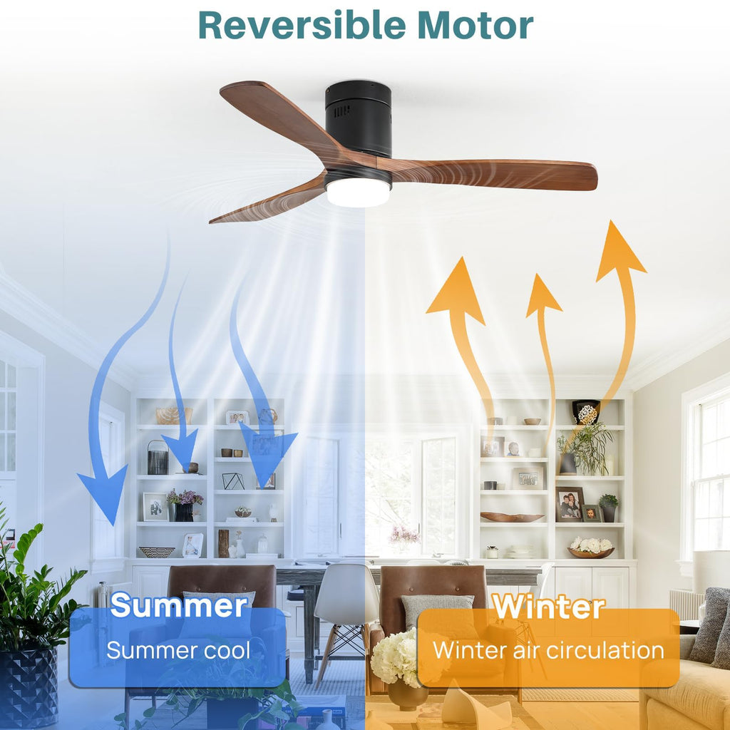 Sofucor 52 Inch Smart Ceiling Fans with Lights-Flush Mount Low Profile Modern Outdoor Solid Wood Ceiling Fans with Alexa/Google Assistant/APP/Remote Control for Bedroom/Farmhouse/Patio, Brown Black
