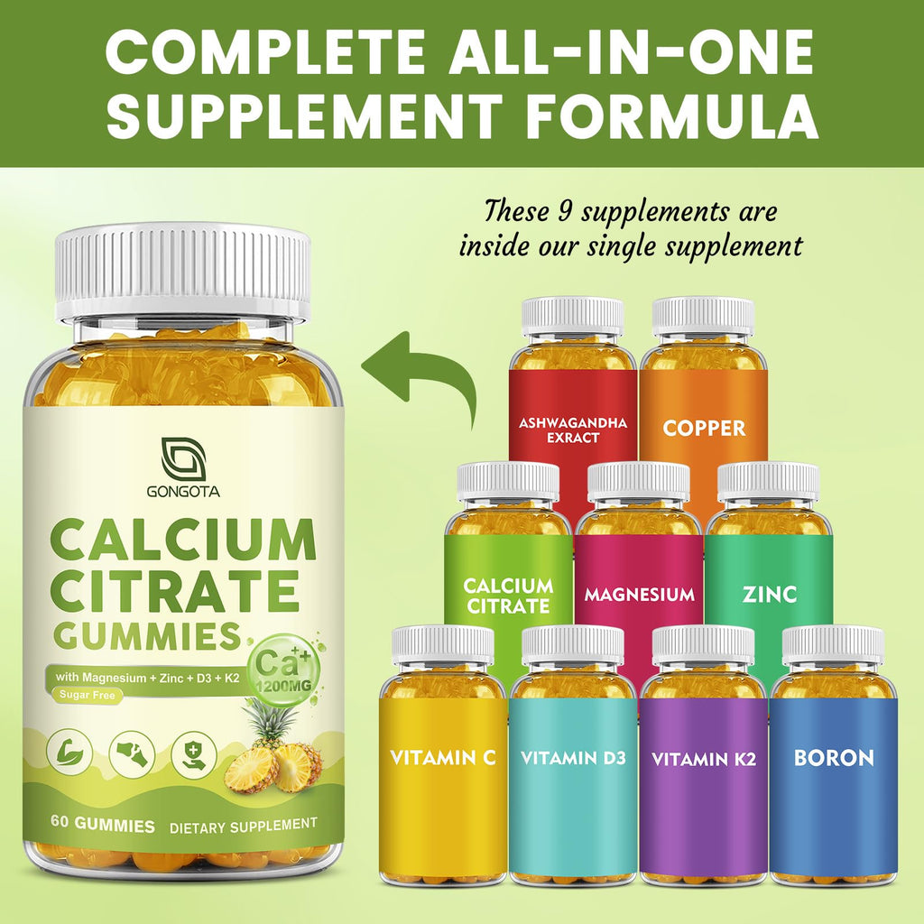 Calcium Citrate 1200mg with Vitamin D3, Calcium Gummies for Women, Calcium Supplements for Bone, Muscle, Immune Support, Sugar Free, Pineapple Flavor - 60 Gummies