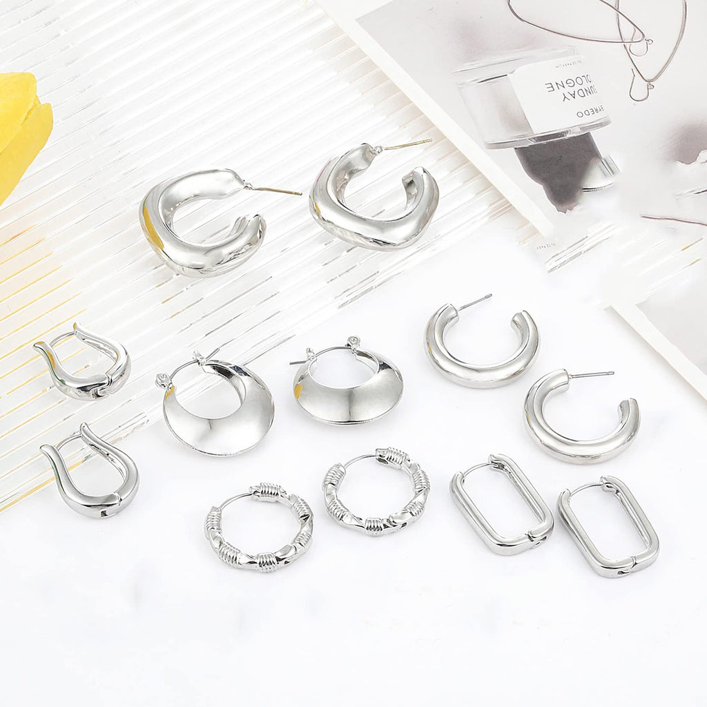 6 Pairs 14K Gold Plated Hoop Earrings for Women Lightweight Chunky Hoop Earrings Multipack Hypoallergenic, Thick Open Twisted Huggie Hoops Earring Set Jewelry for Gifts. (new silver hoops)