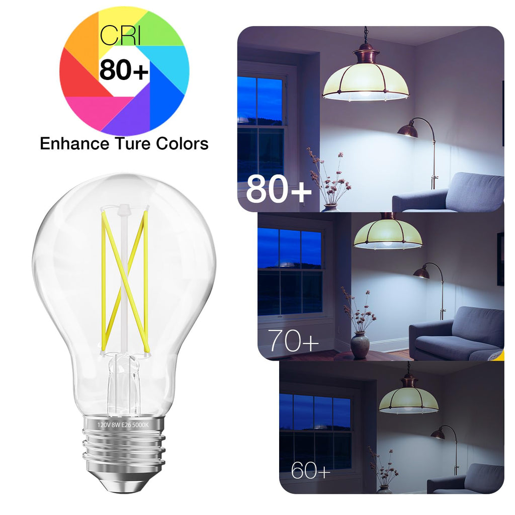 DAYBETTER 24 Pack A19 Vintage LED Edison Bulbs, 60W Equivalent Dimmable LED Bulbs, High Brightness 5000K Daylight, 800 Lumens, 8W E26 Standard Base, Ultra-Bright, CRI80+, Clear Glass Filament Bulb