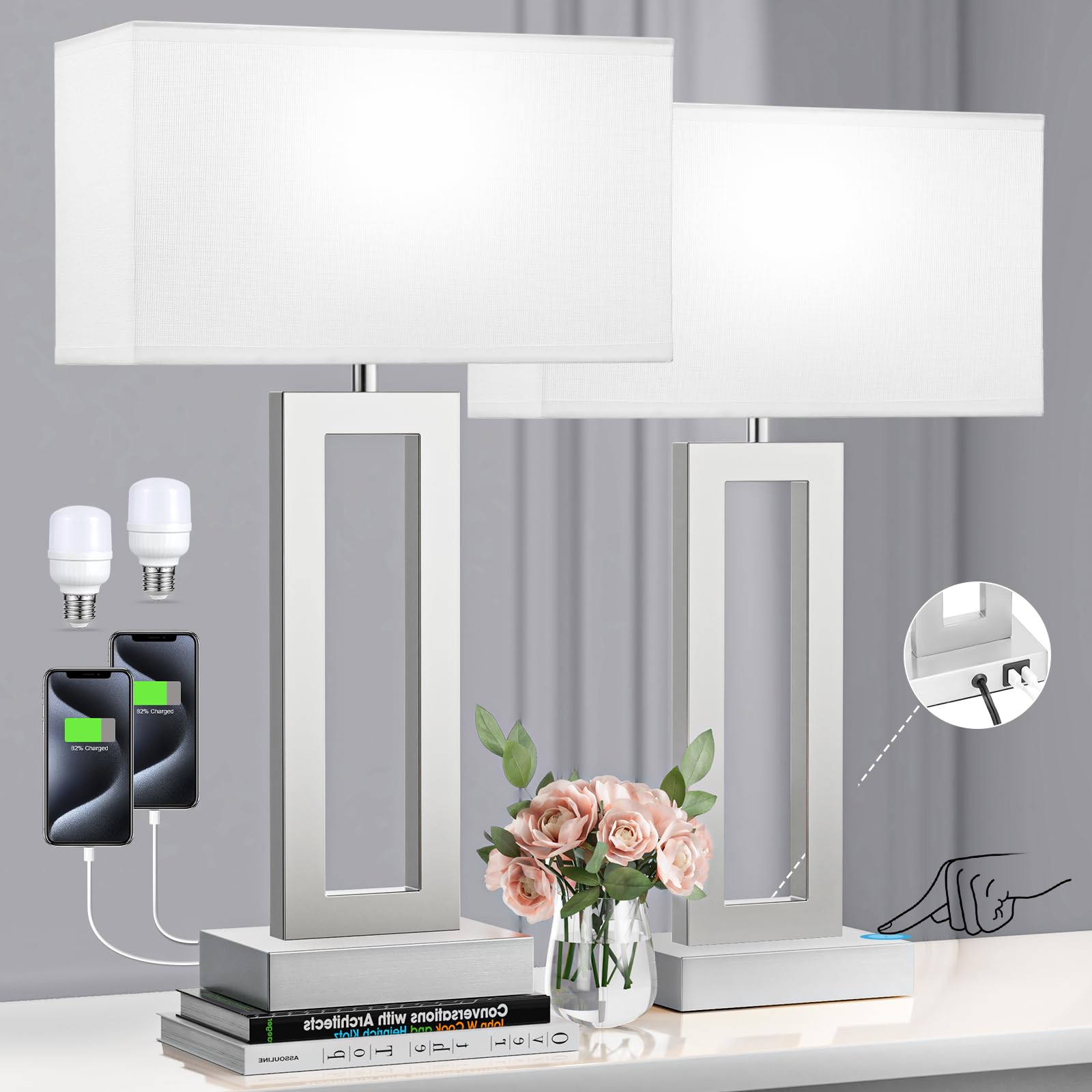 Seealle 22" Tall Bedroom Lamps for Living Room - Touch Brushed Nickel Bedside Lamps with USB C+A, 3 Way Dimmable Lamp for Nightstand, Modern Night Stands Lamps for End Tables(White&Silver)