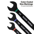 KLEIN TOOLS 69508 SAE Ratcheting Combination Wrench Set, 8-Piece, Slide-Lock 90-Tooth Ratchet, I-Beam Handle, Color-Coded Size Markings, Roll Pouch Storage