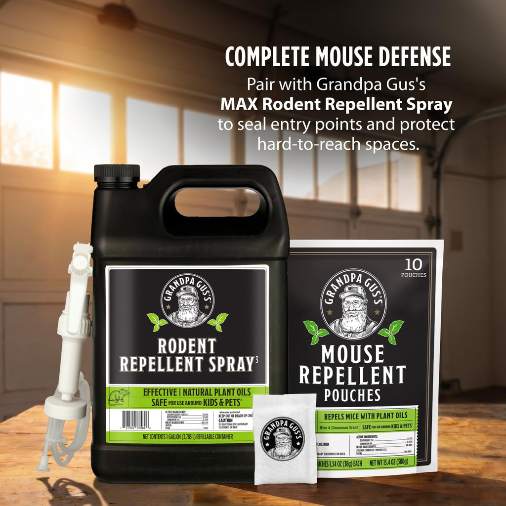 Grandpa Gus's Rodent Repellent Spray - Peppermint Oil and Cinnamon Oil Spray for Rodents & Mice - Plant-Based Mouse Deterrent for Cars, RVs, Garages & Indoor Spaces - Non-Staining Formula - 128 oz