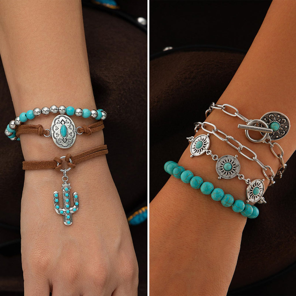 IFKM 50 PCS Silver Bohemian Jewelry Set With 7pcs Turquoise Necklace,12 pairs Dangle Earrings, 7pcs Stackable Bangle Bracelets, 24pcs Knuckle Rings For Women Vintage Western Boho Turquoise Anniversary Birthday Friendship Gift (Bohemian style)
