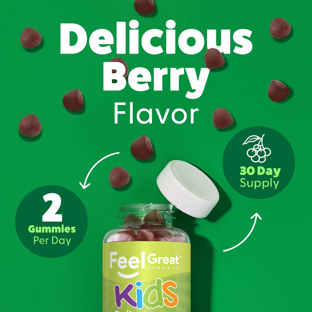 Feel Great Super Green Gummies for Kids | Fruit and Vegetable Gummies | Vegan Veggie Gummy Multivitamin for Kids | Veggie Fiber Supplement | 60 Count