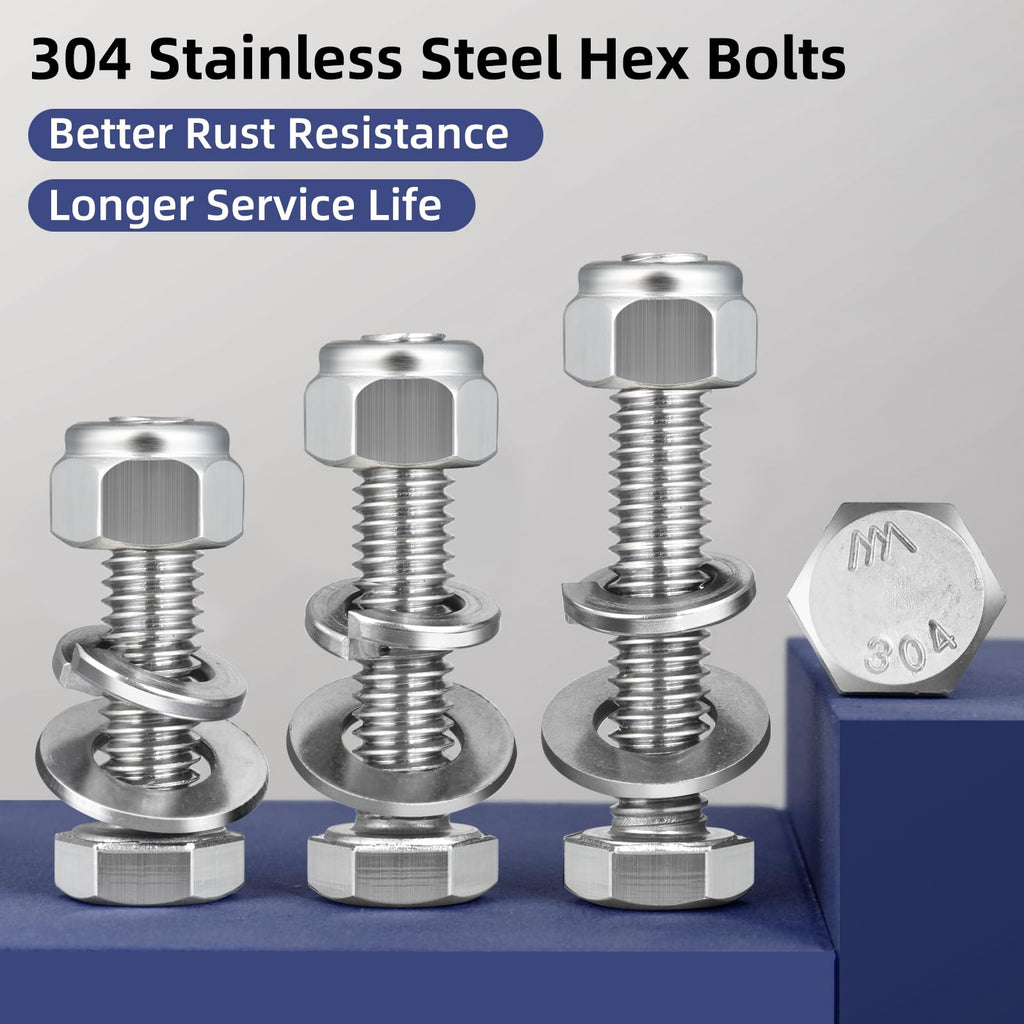 BNUOK (12 Sets) 1/4-20 x 4 Hex Head Screw Bolt,Lock Nuts,Flat & Lock Washers Kits,304 Stainless Steel 18-8,Fully Threaded