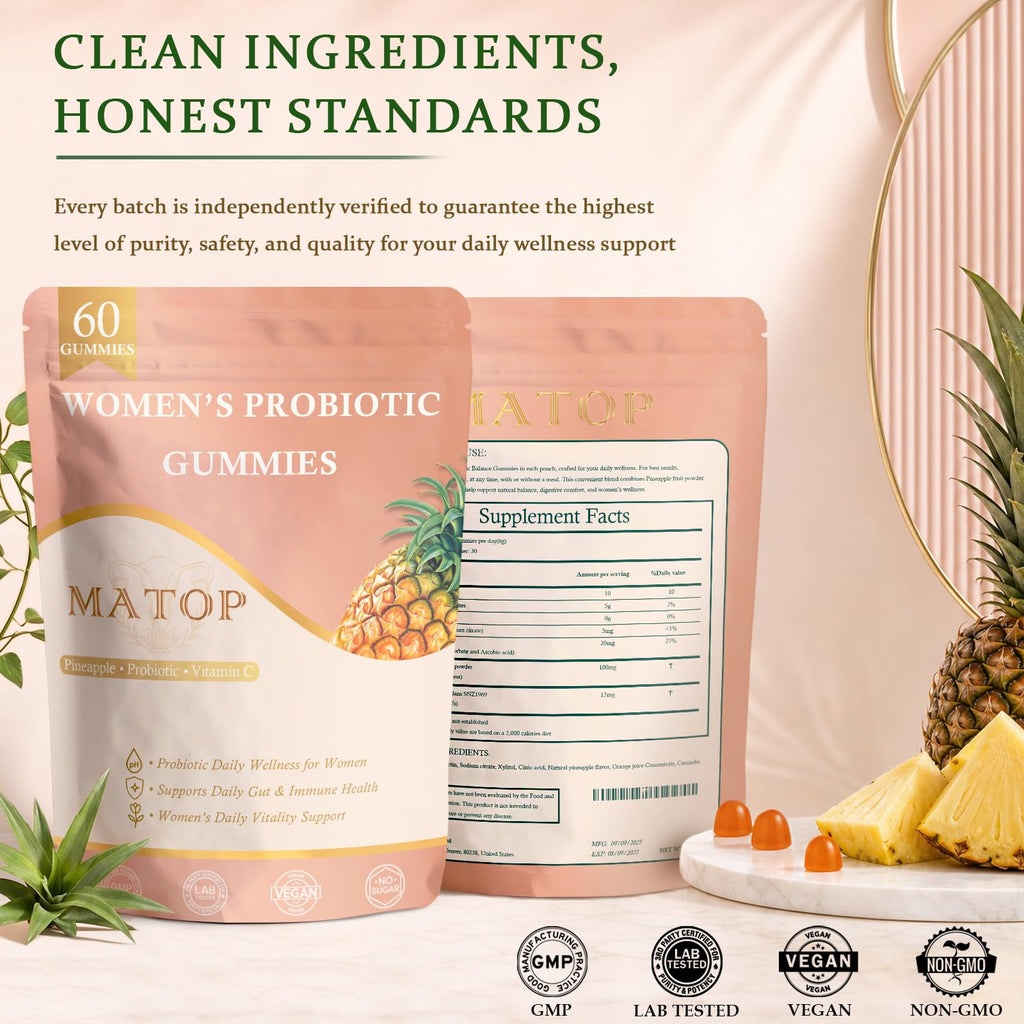 MATOP Women’s Probiotic Pineapple Gummies – Gut Health & Daily Digestive Wellness, Vegan Sugar-Free, 60 Count