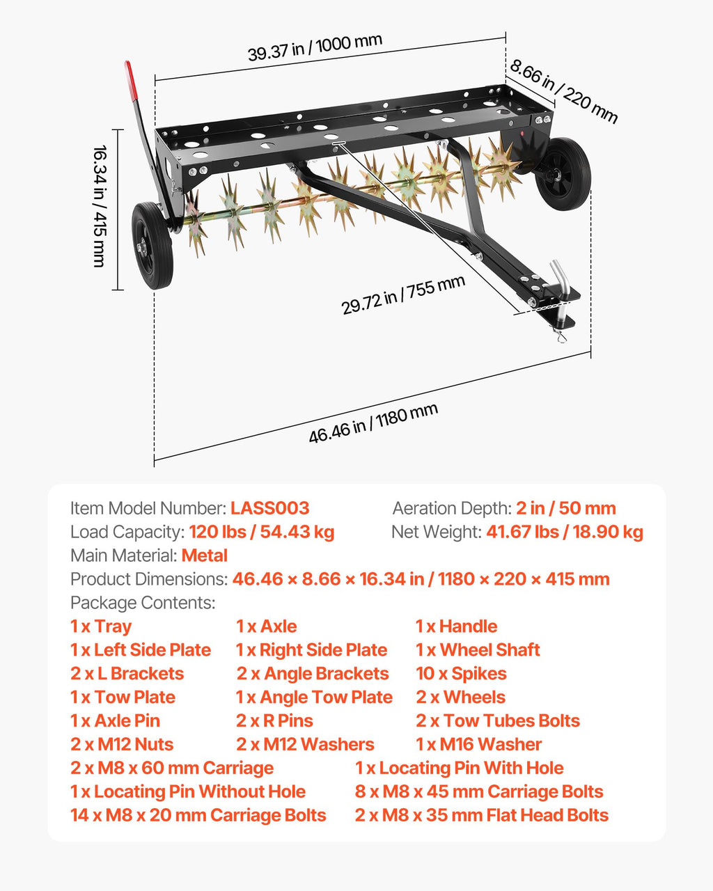 VEVOR Tow Behind Plug Aerator, 40 in Lawn Spike Aerator with Universal Hitch, 150lbs Weight Capacity, Heavy Duty & Rust-Resistant, Pull Behind Aeration Tool with Tray for Farmland & Garden Tractors
