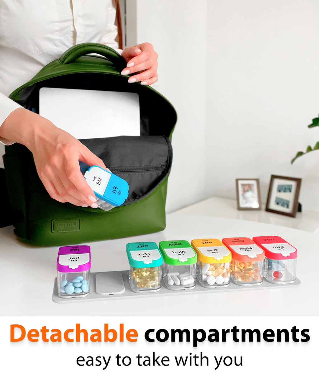 Extra Large Weekly Pill Organizer - XL Vitamin Holder with 7 Detachable AM PM Compartments - Portable Medicine Dispenser for Home and Travel, Big Supplement Container for Weekly or Daily Use, Rainbow