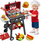 Kids Grill Playset, BBQ Toy Grill with Smoke Sound Light and Wheel, Movable Pretend Play Kitchen Toys Grills for Toddlers 3-5, 2-Layer Barbecue Play Food Christmas Birthday Gifts for Grandkids