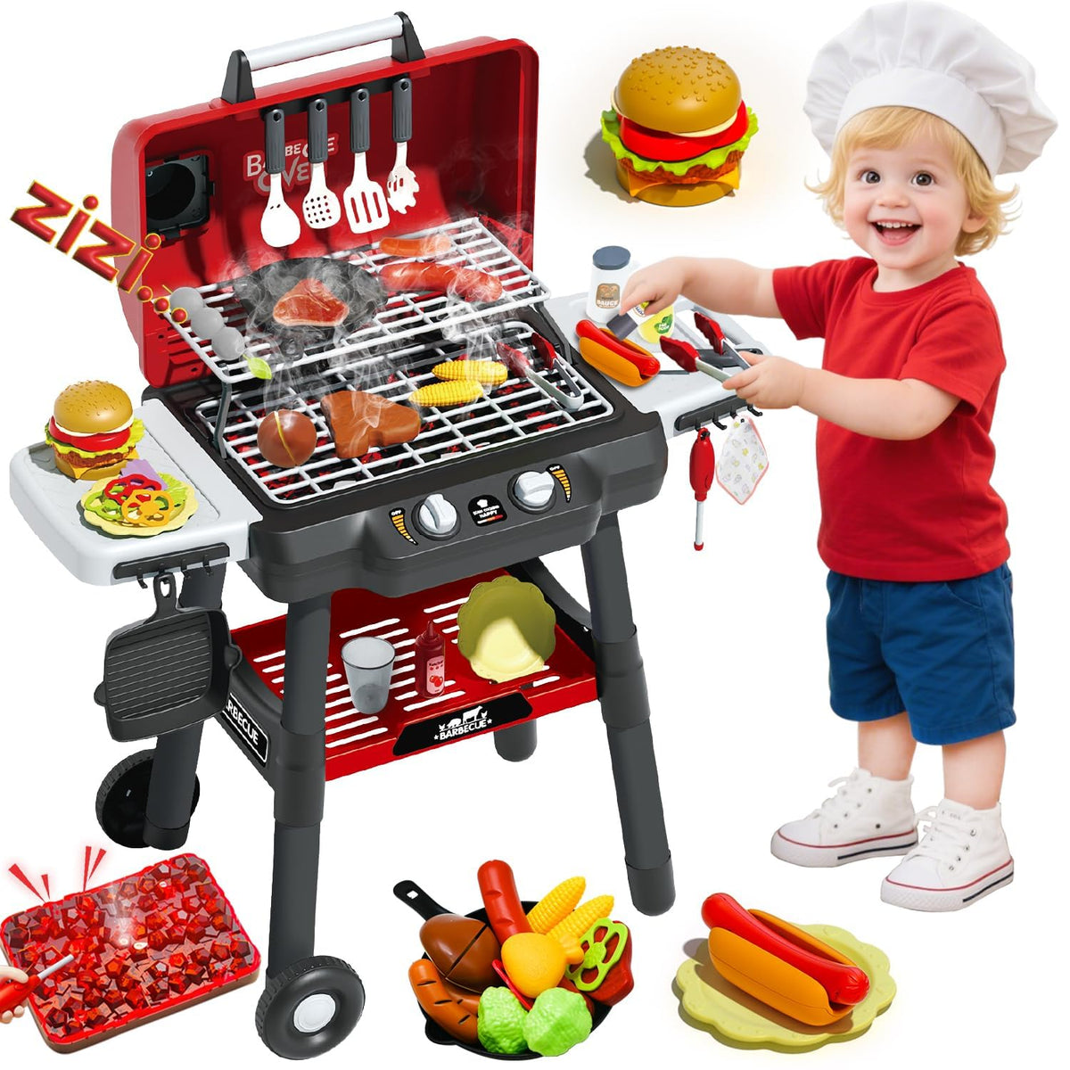 Kids Grill Playset, BBQ Toy Grill with Smoke Sound Light and Wheel, Movable Pretend Play Kitchen Toys Grills for Toddlers 3-5, 2-Layer Barbecue Play Food Christmas Birthday Gifts for Grandkids