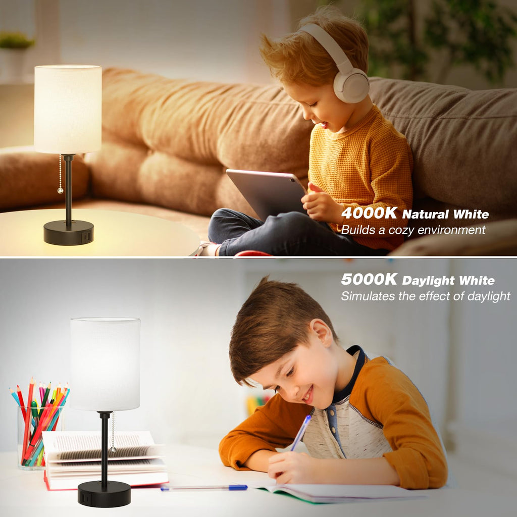 Small Bedside Table lamp for Bedroom - 3 Color Temperatures Bedside Lamps with USB C and A Ports, Pull Chain Table Lamps with AC Outlet, White Nightstand Lamps with Black Metal Base for Kids Reading