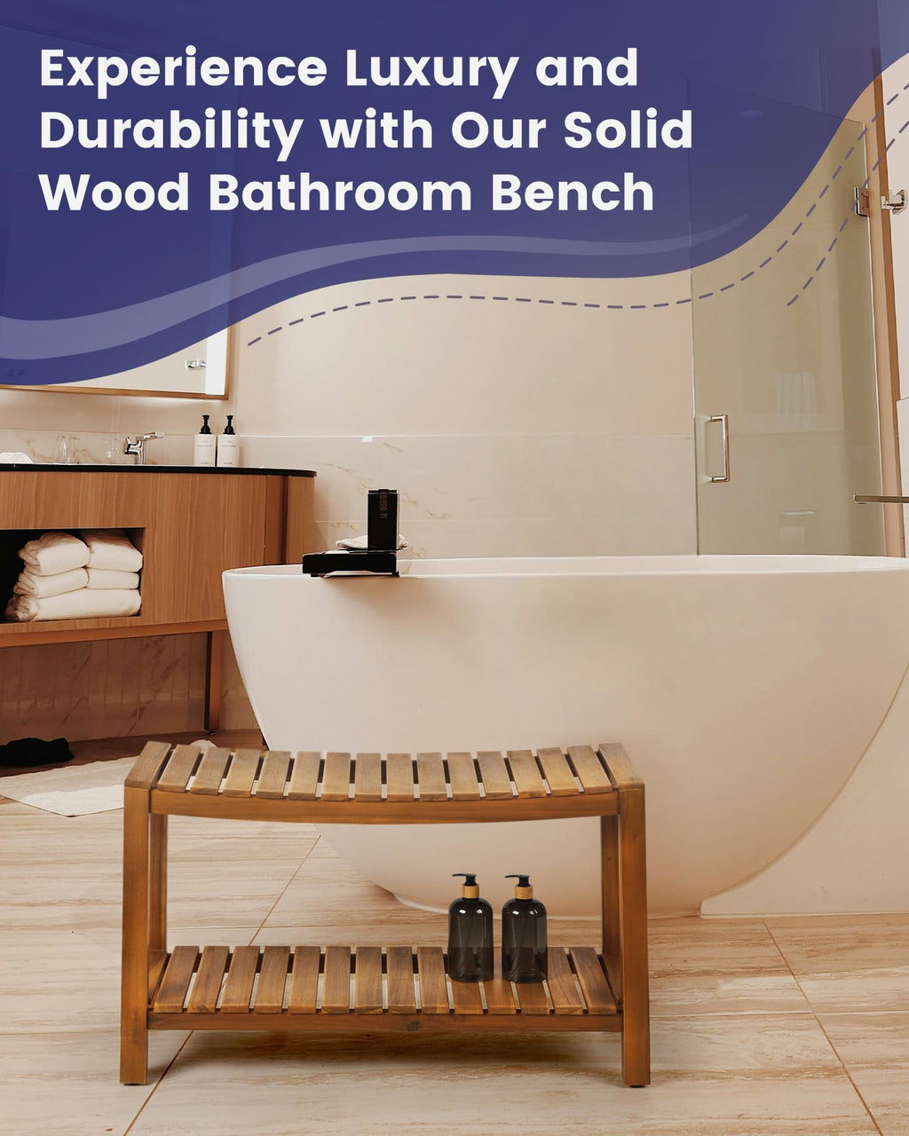 Upolana Teak Shower Bench, 32" Solid Wood Shower Stool for Inside Shower to Sit On, Wooden Bathroom Shower Seat Waterproof