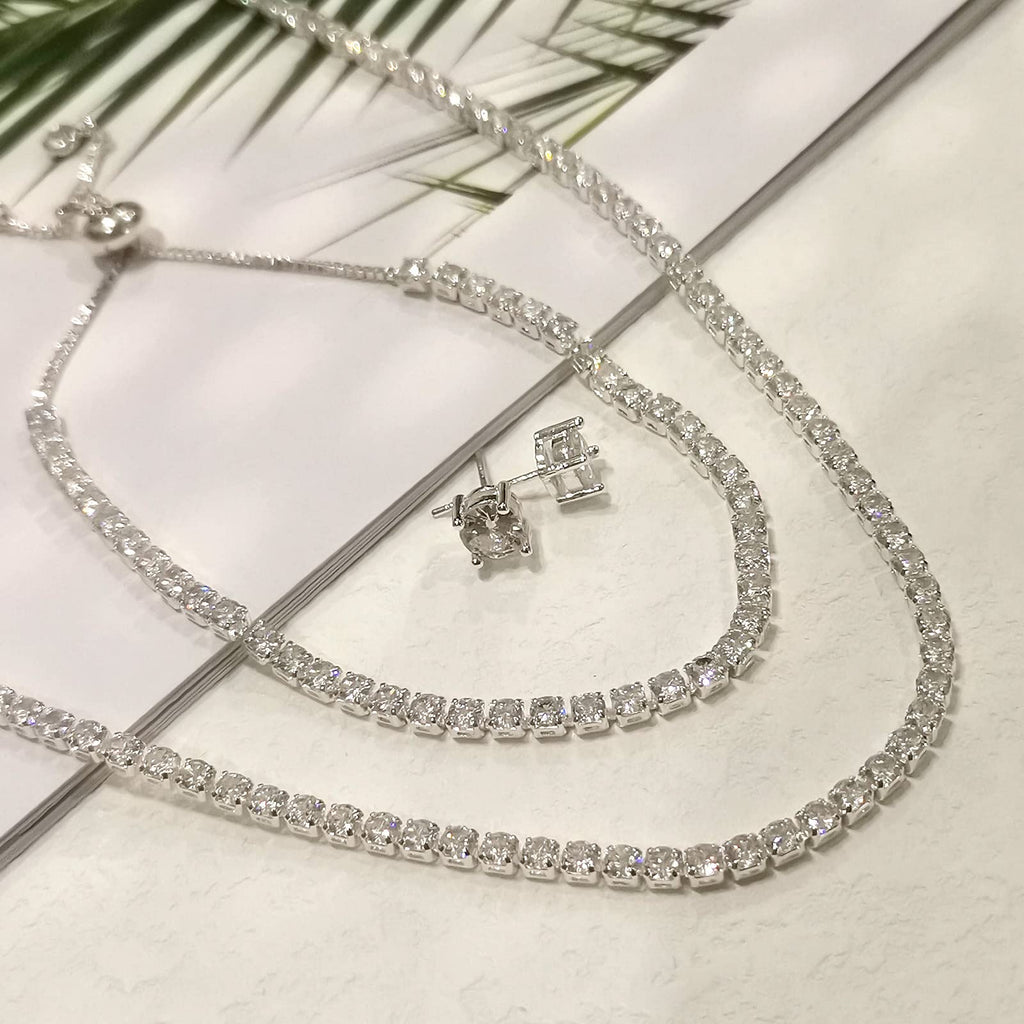 HAXIYA Tennis Necklace Set for Women Crystal Bracelet Imitation Diamond Earrings Wedding Jewelry for Bride Sterling Silver Plated Jewelry Sets Pack of 3 Gift