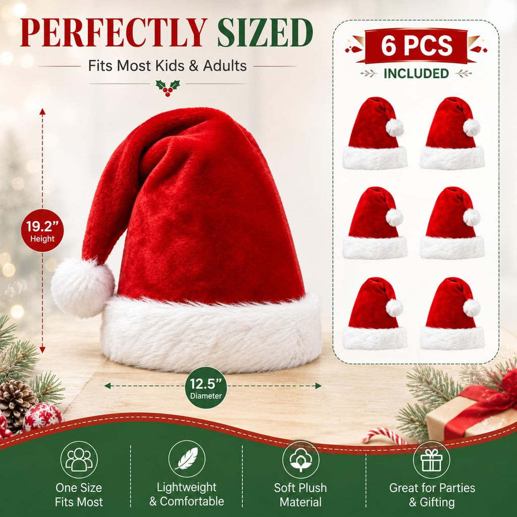 AOGU 6 Pack Plush Santa Hat Confortable Velvet Red Christmas Hat for Christmas Party Favors Fit for Adults and Kids