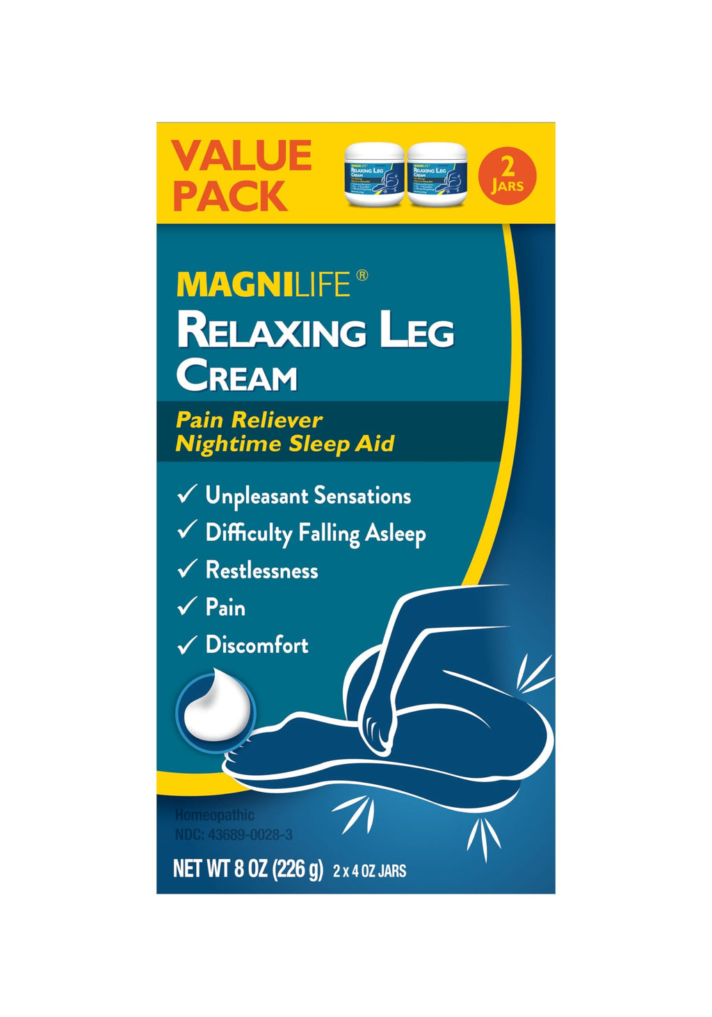 MagniLife Relaxing Leg Cream, 4 Oz (2 Pack), Fast-Absorbing Topical Moisturizing Cream with Lavender & Magnesium, Non-Greasy, Bedtime Body Care