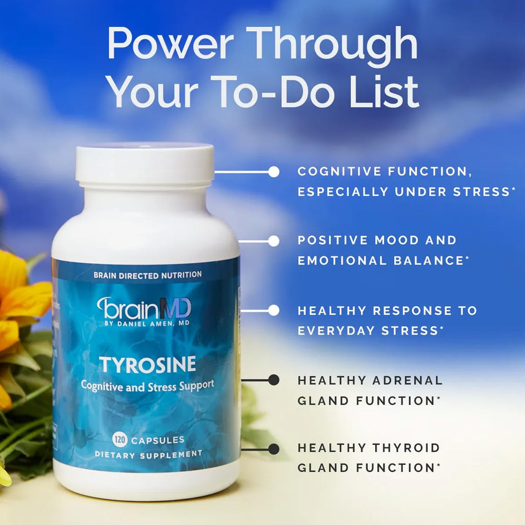 BRAINMD Dr Amen Tyrosine - 120 Capsules - Promotes Mental Focus, Clarity & Alertness - Gluten Free - 60 Servings