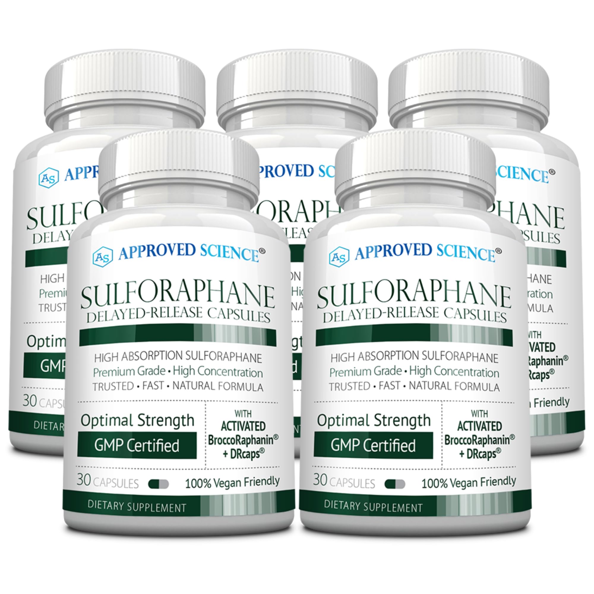 Approved Science Sulforaphane Delayed Release Capsules - 200mg Broccoli Seed Extract (BroccoRaphanin), 300mg Broccoli Powder - Vegan Sulforaphane Supplement - Pack of 5