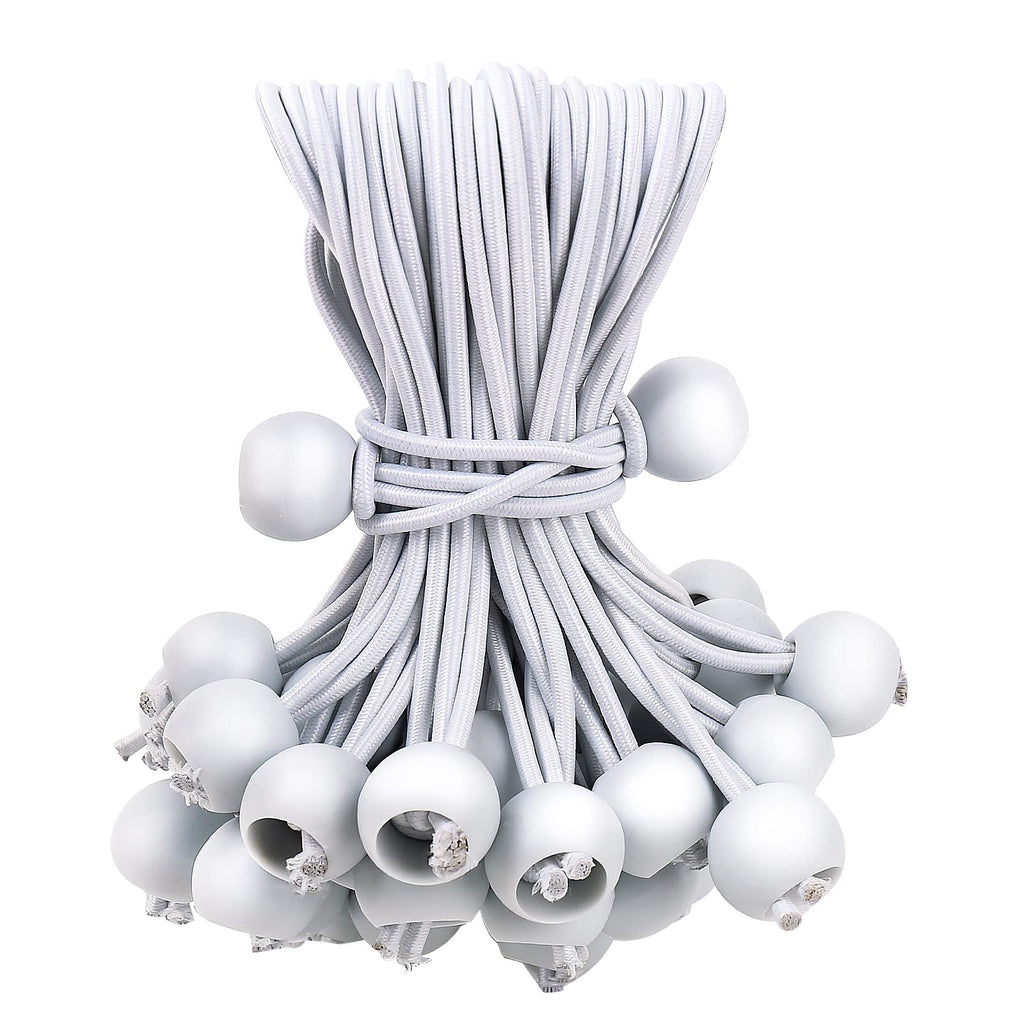 50PCS White Ball Bungee Cords, 6 Inch Heavy Duty Outdoor Bungee Cord with Balls, Tarp Tie Down Bungee Balls for Shelter, Camping, Cargo,Tent Poles UV Resistant（Ball Size 1 inch）