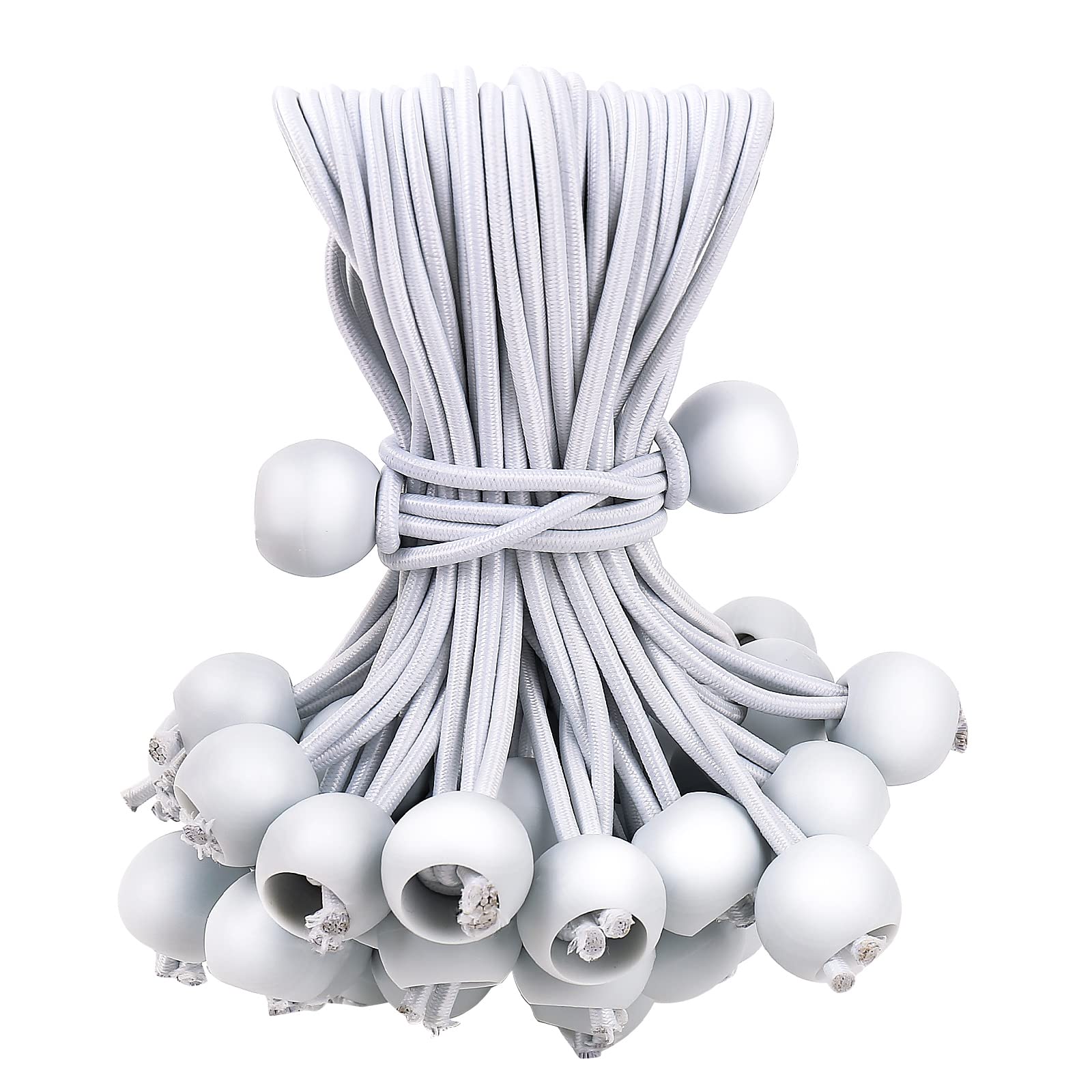 50PCS White Ball Bungee Cords, 6 Inch Heavy Duty Outdoor Bungee Cord with Balls, Tarp Tie Down Bungee Balls for Shelter, Camping, Cargo,Tent Poles UV Resistant（Ball Size 1 inch）