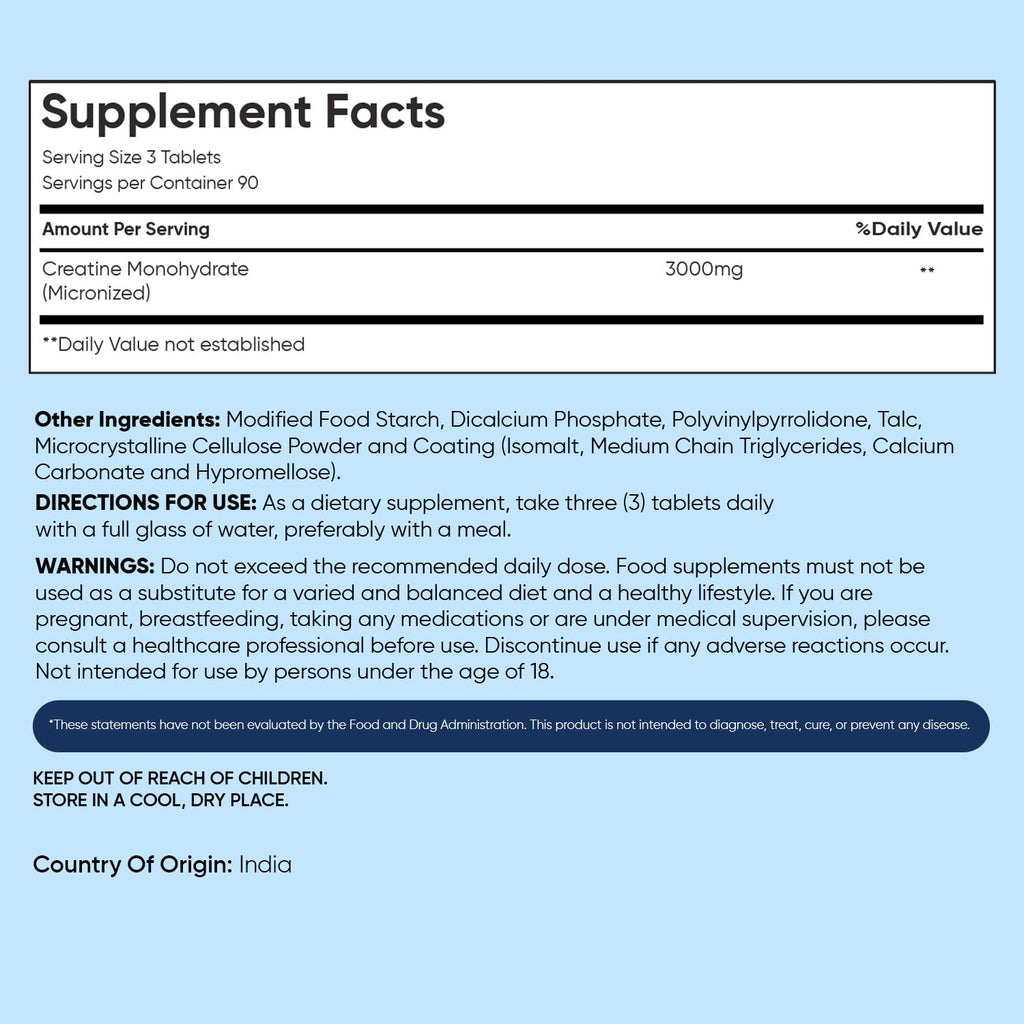 WeightWorld Micronized Creatine Monohydrate 3000mg Vegan Tablets | Muscle Strength & Recovery Booster | 3 Months Supply - 270 Tabs | Creatine for Women & Men | Non-GMO, Gluten-Free | 3 Tablets a Day