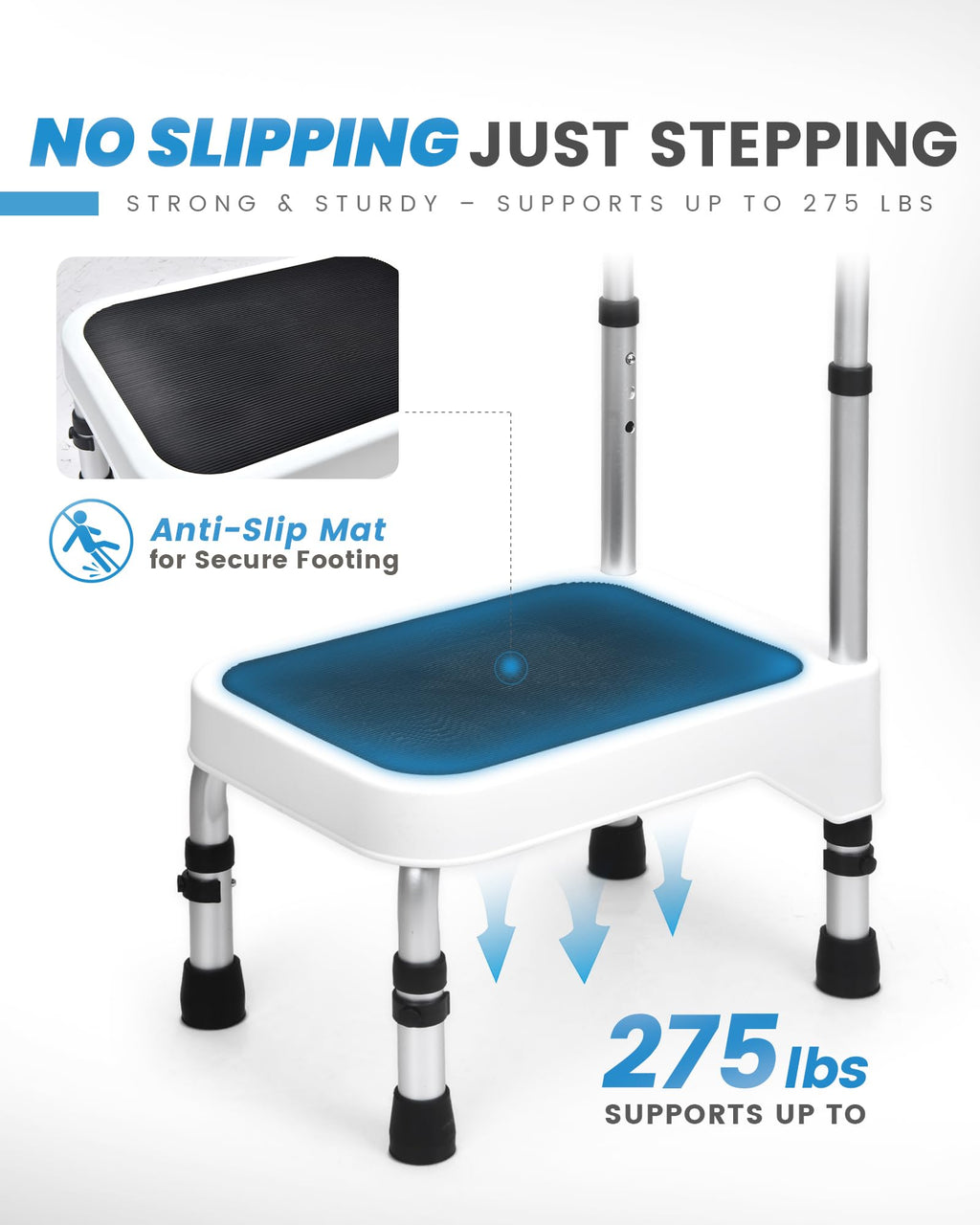 Sangohe Step Stool with Handle for Elderly, Aluminum Step Stools for Adults, Step Stool for Bed, Step Stool with Adjustable Handle and Legs, 275LBS Weight Capacity, 503A