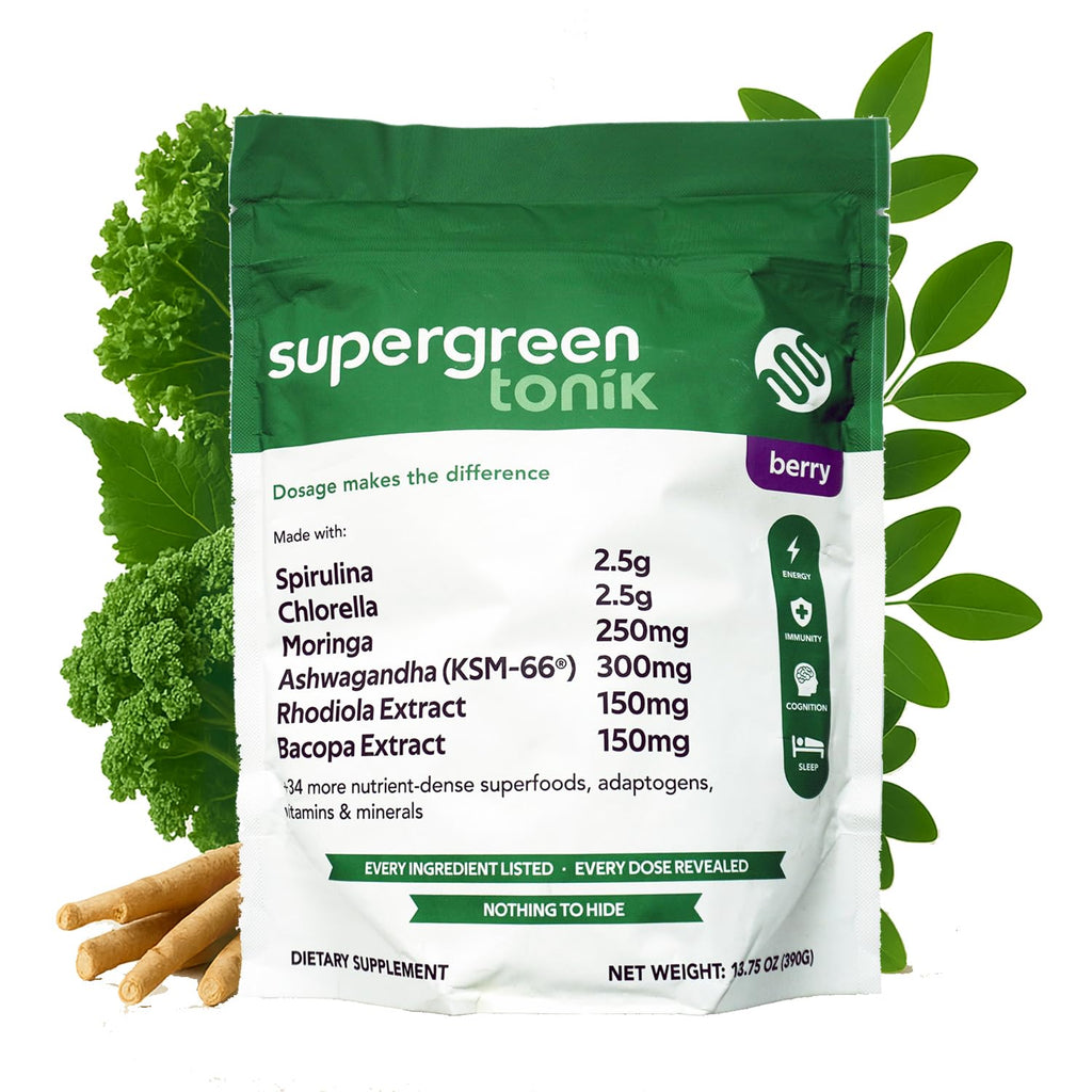 SUPERGREEN TONIK 100% Natural Greens Superfood Powder – Daily Supplement with 40 Superfoods, Vitamins and Minerals – Supports Energy, Stress and Immunity – 30 Days 360 Grams Berry Flavor (1 Bag)